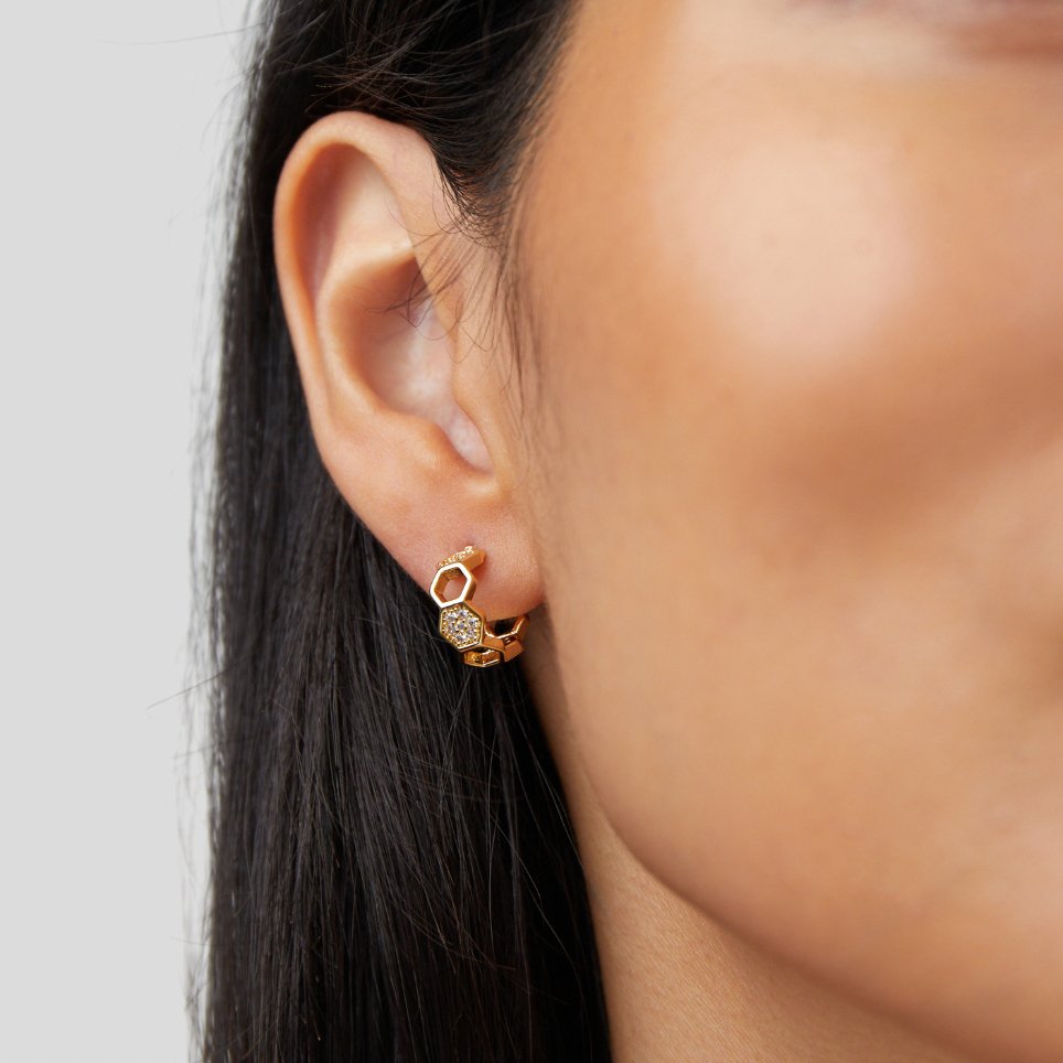 Gold & Crystal Honeycomb Hoop Earrings