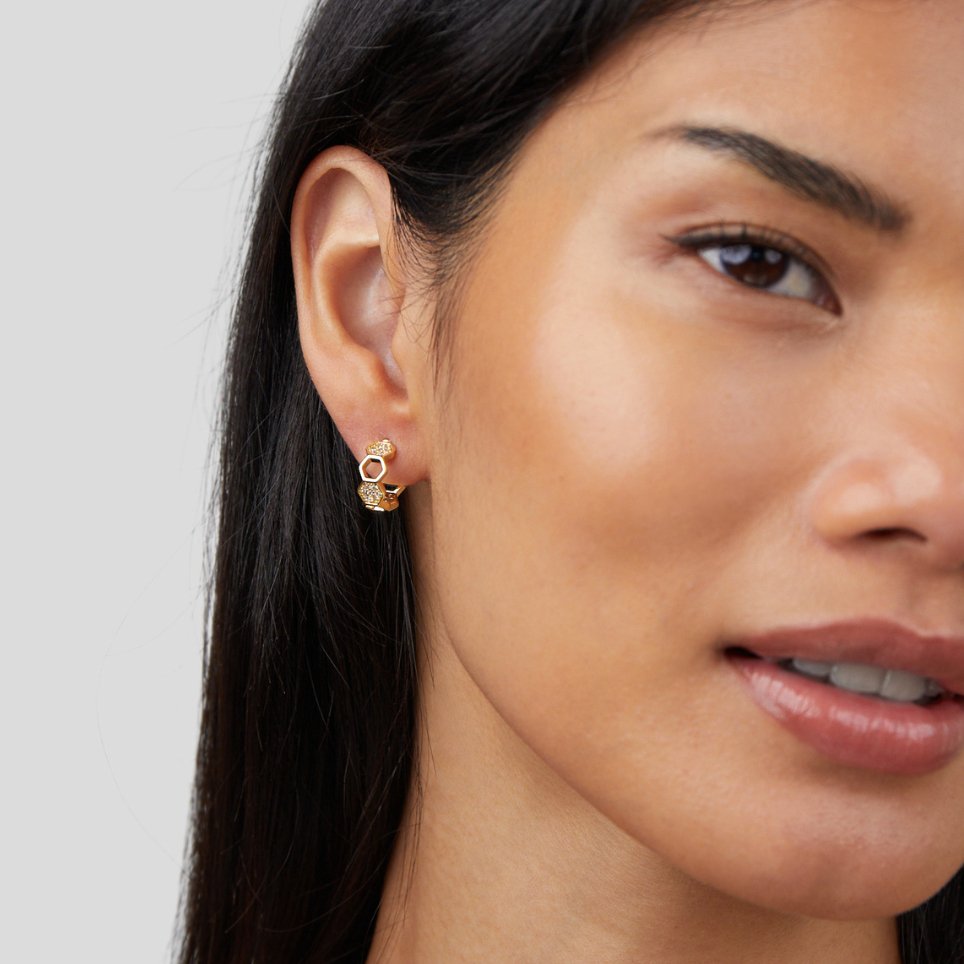 Gold & Crystal Honeycomb Hoop Earrings
