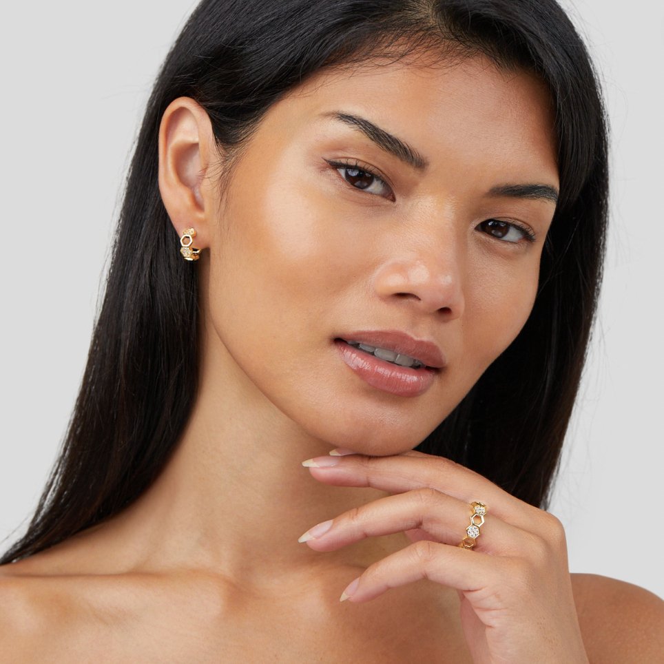 Gold & Crystal Honeycomb Hoop Earrings