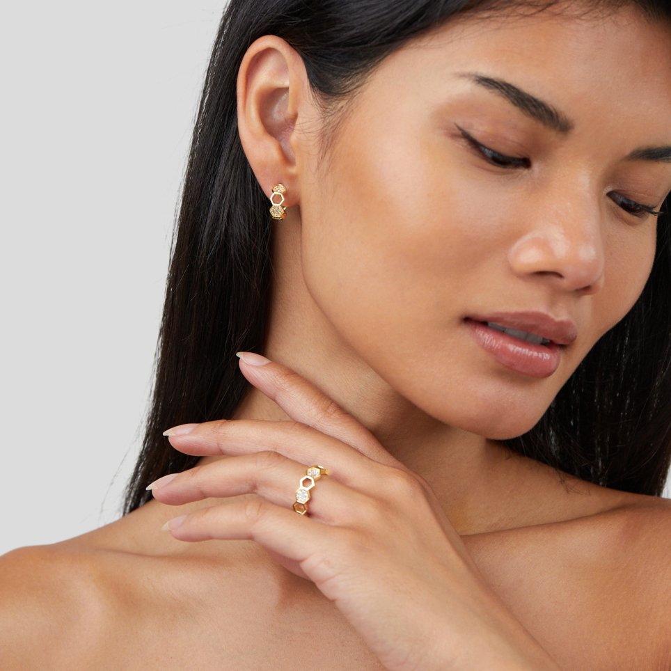 Gold & Crystal Honeycomb Hoop Earrings