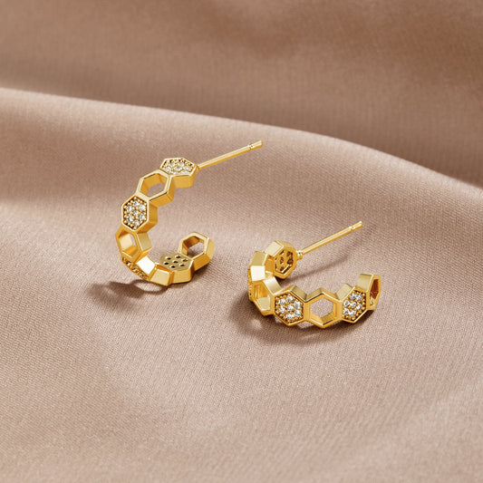 Gold & Crystal Honeycomb Hoop Earrings
