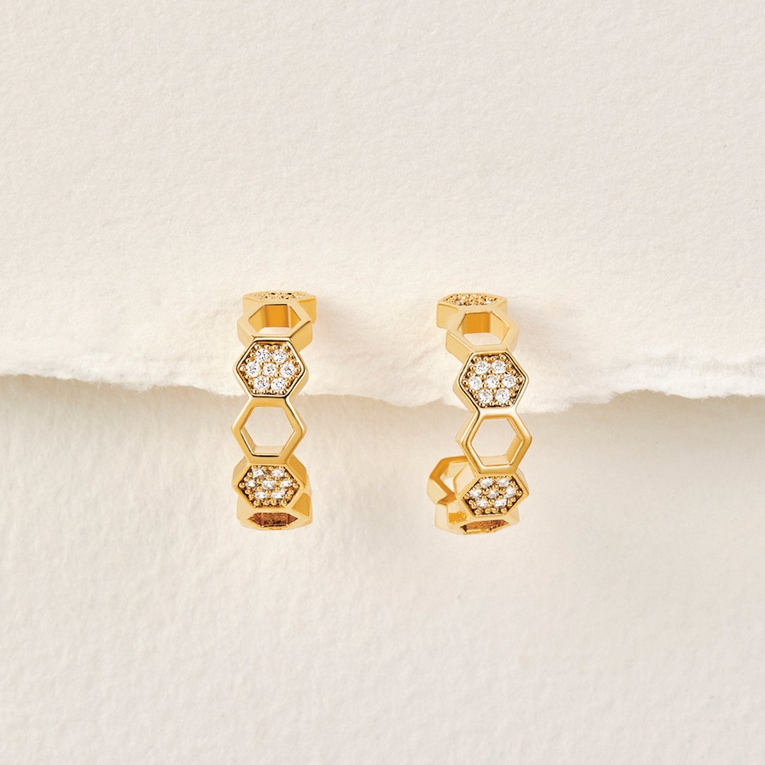 Gold & Crystal Honeycomb Hoop Earrings