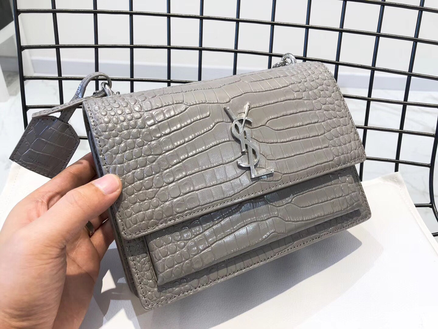 Y Medium Sunset In Crocodile Embossed Shiny Leather Bag