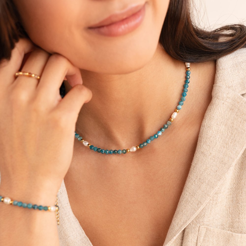 Turquoise Blue & Pearl Bead Necklace