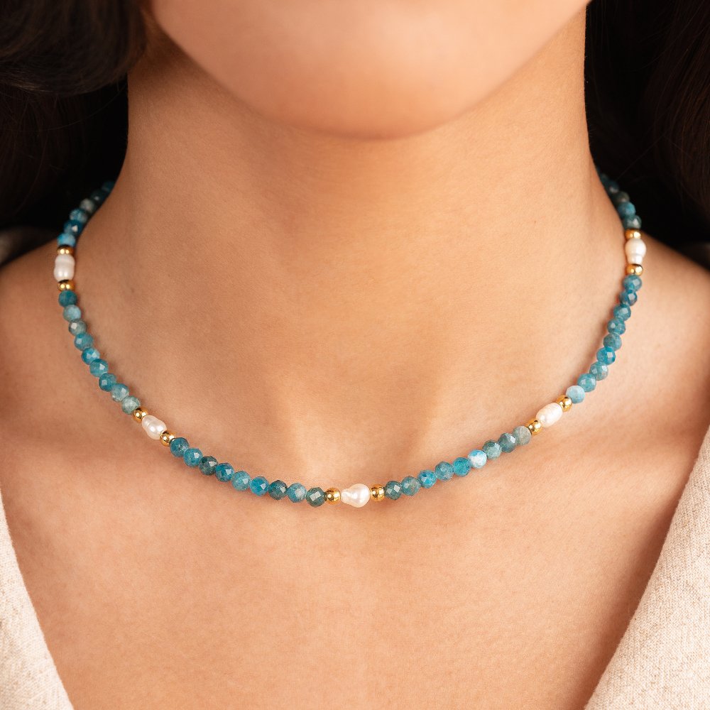Turquoise Blue & Pearl Bead Necklace