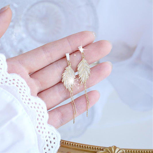 14K Gold Feather Drop Earrings