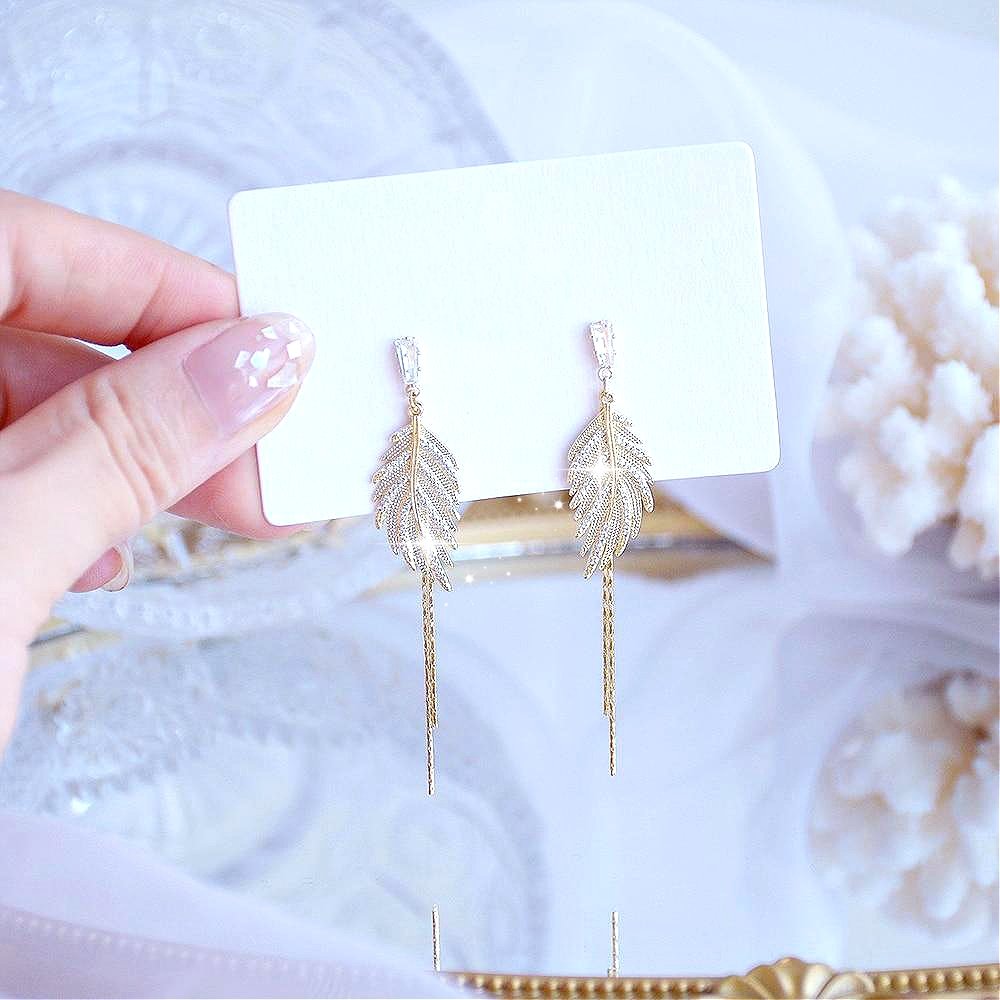 14K Gold Feather Drop Earrings