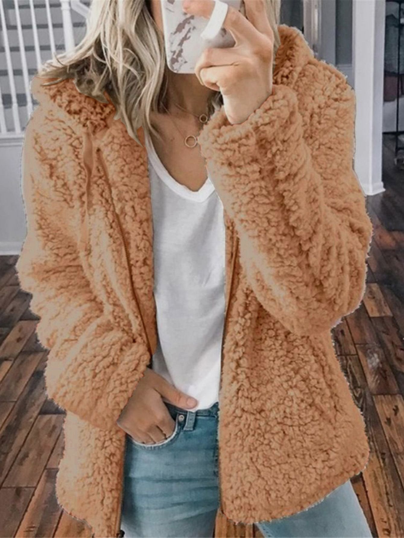 2021 Fashion Zipper Plush Fleece Solid Color Hooded Tops Casual Sweatshirts Coat