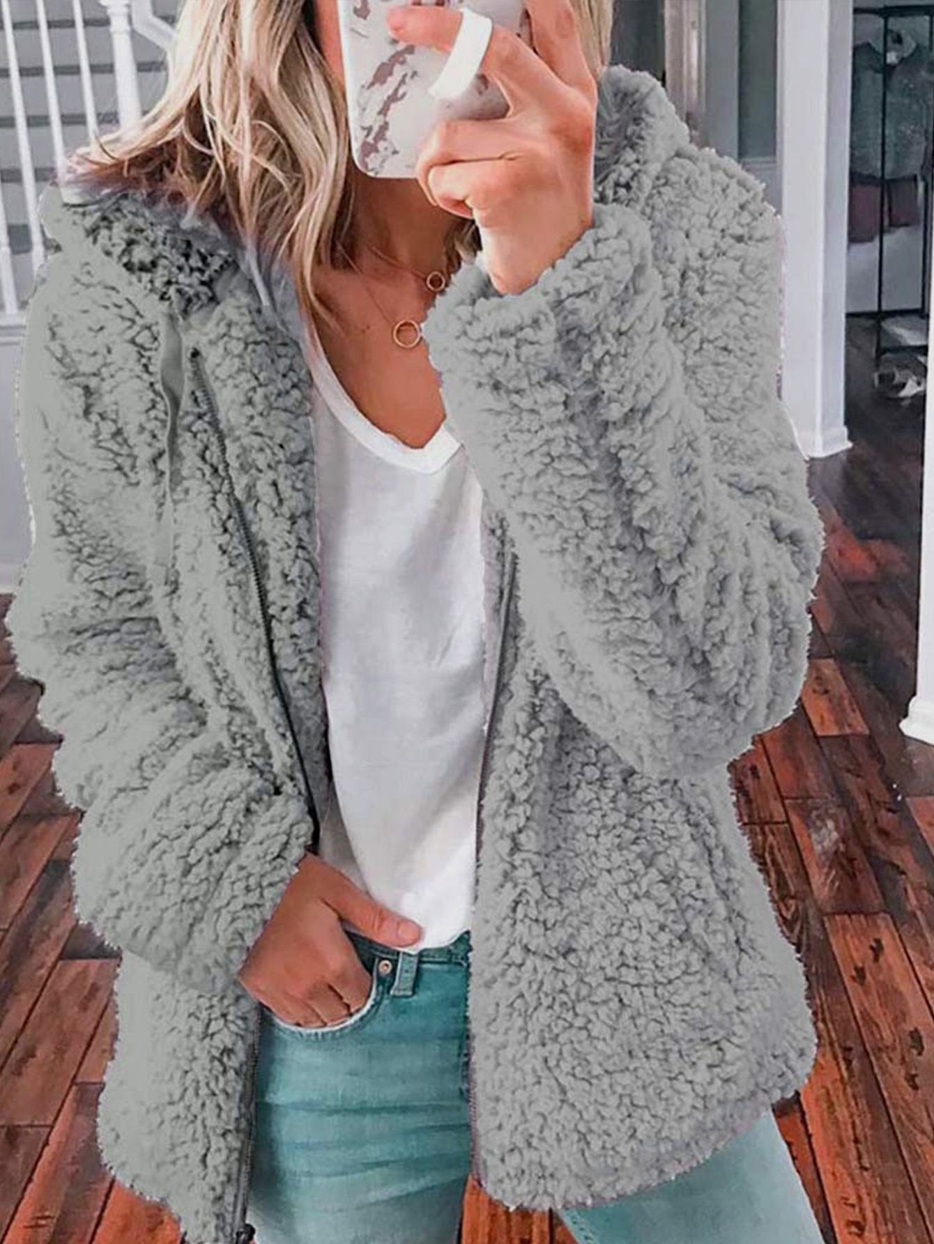 2021 Fashion Zipper Plush Fleece Solid Color Hooded Tops Casual Sweatshirts Coat