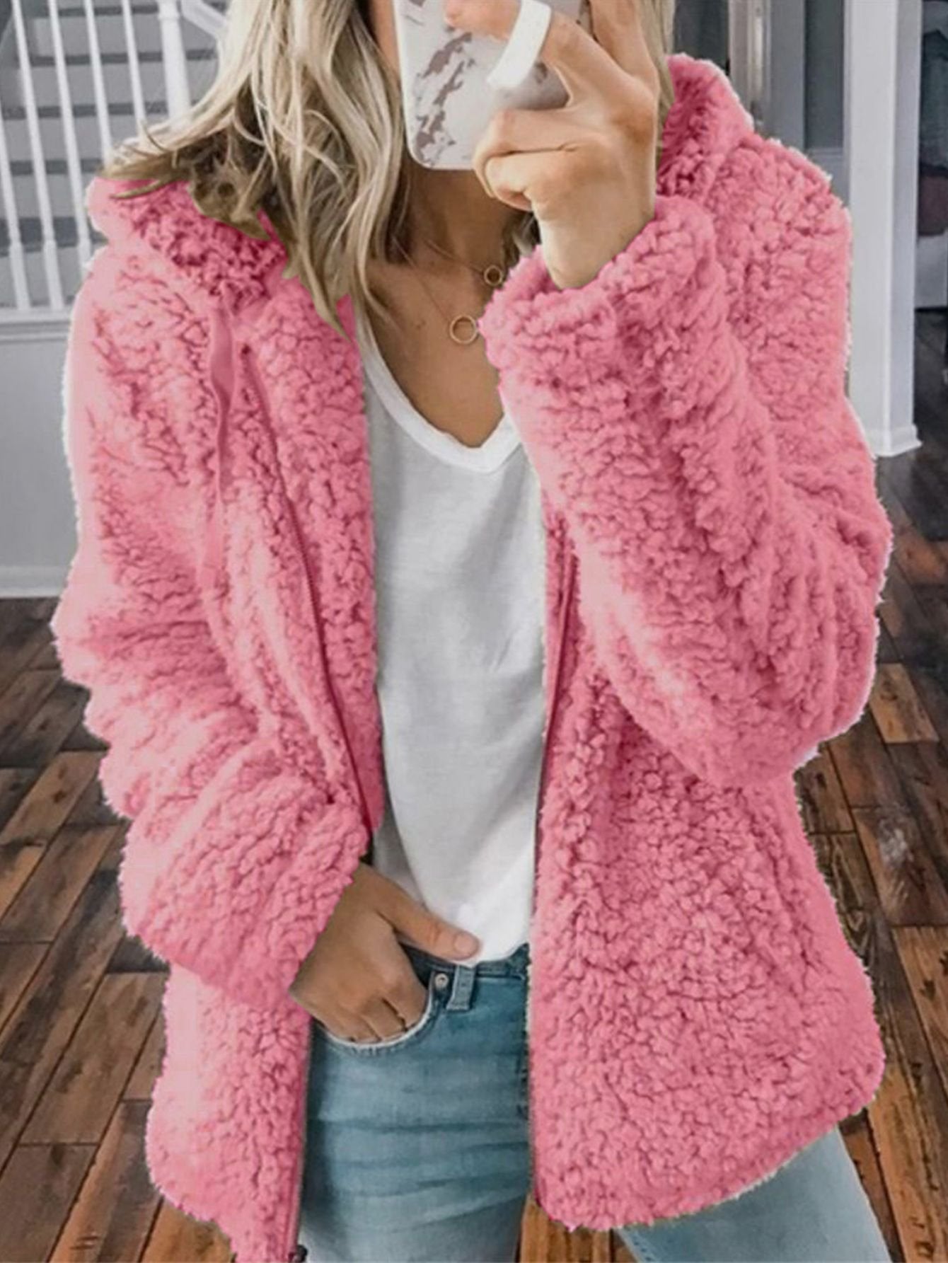 2021 Fashion Zipper Plush Fleece Solid Color Hooded Tops Casual Sweatshirts Coat