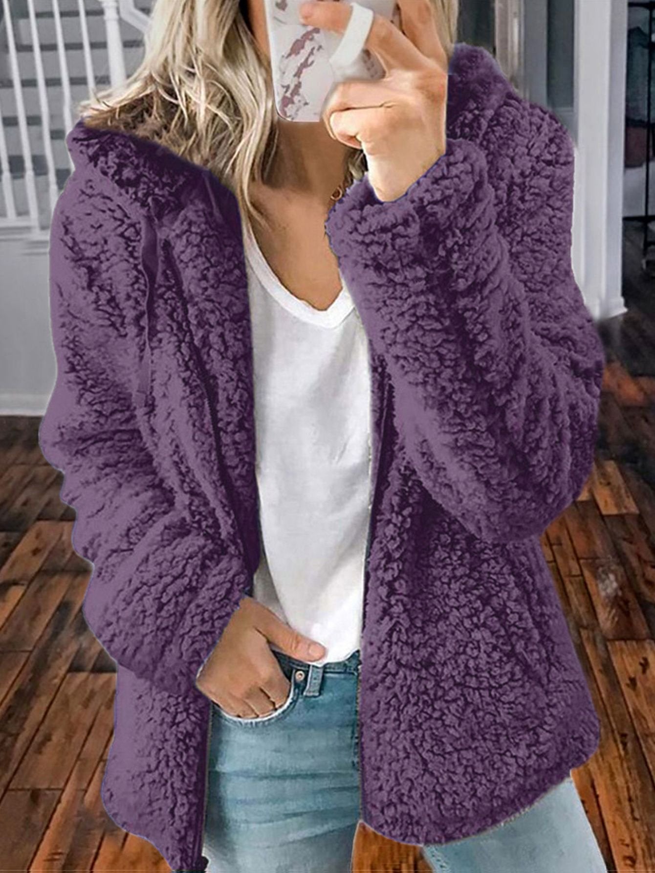 2021 Fashion Zipper Plush Fleece Solid Color Hooded Tops Casual Sweatshirts Coat