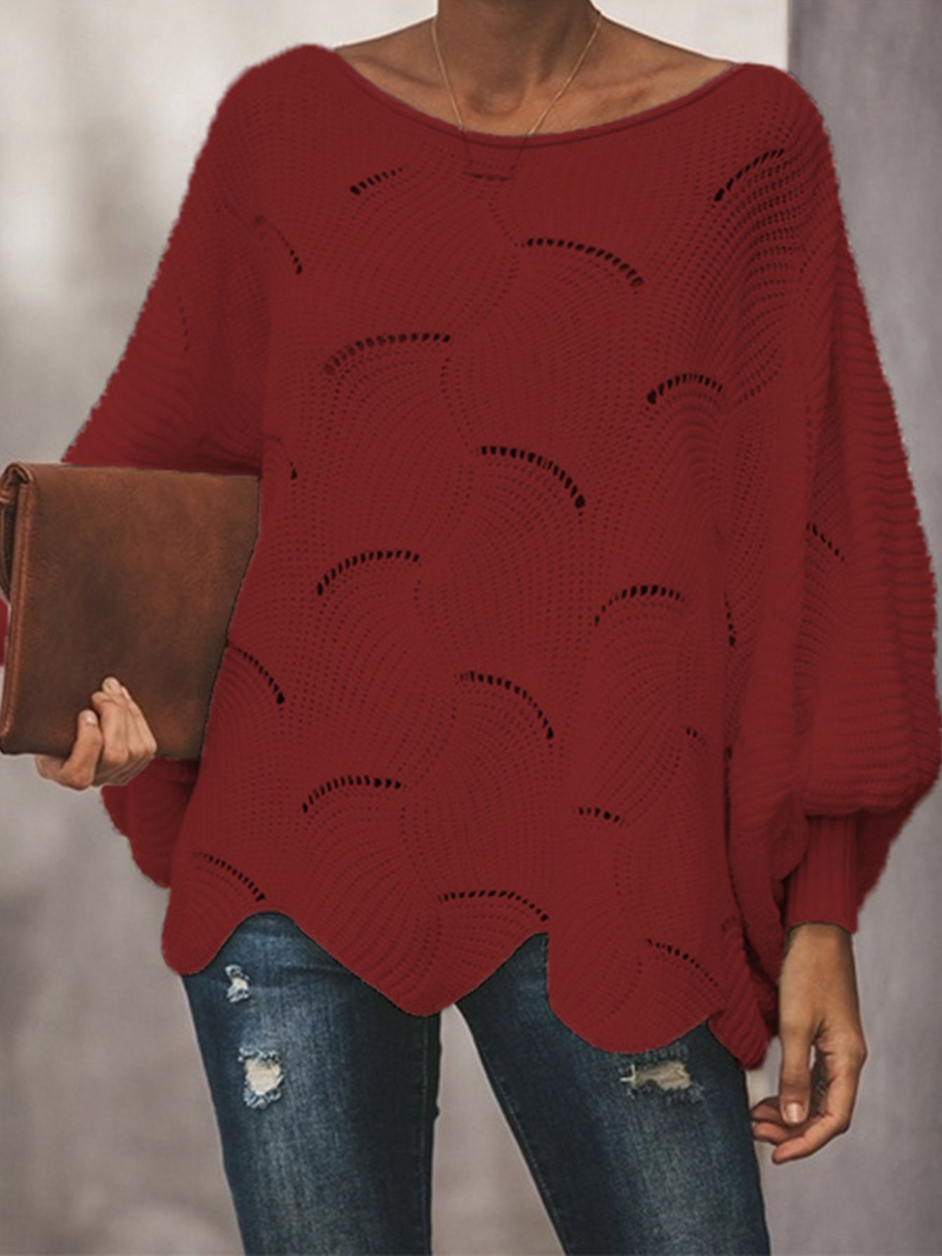 2021 automne élégant lâche évider lanterne manches col rond pulls chandails