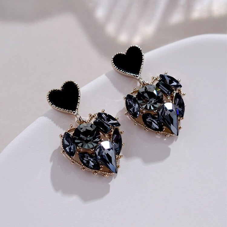 Black Crystal Heart Earrings