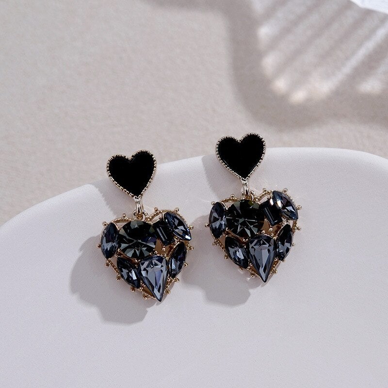 Black Crystal Heart Earrings