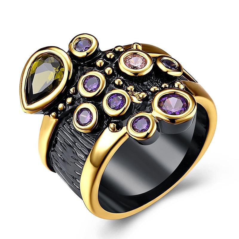 Bague en cristal vintage noir et or