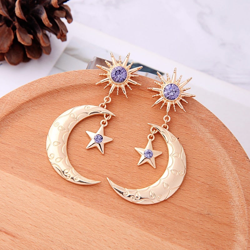 Boucles d'Oreilles Croissant de Lune &amp; Étoile Cristal