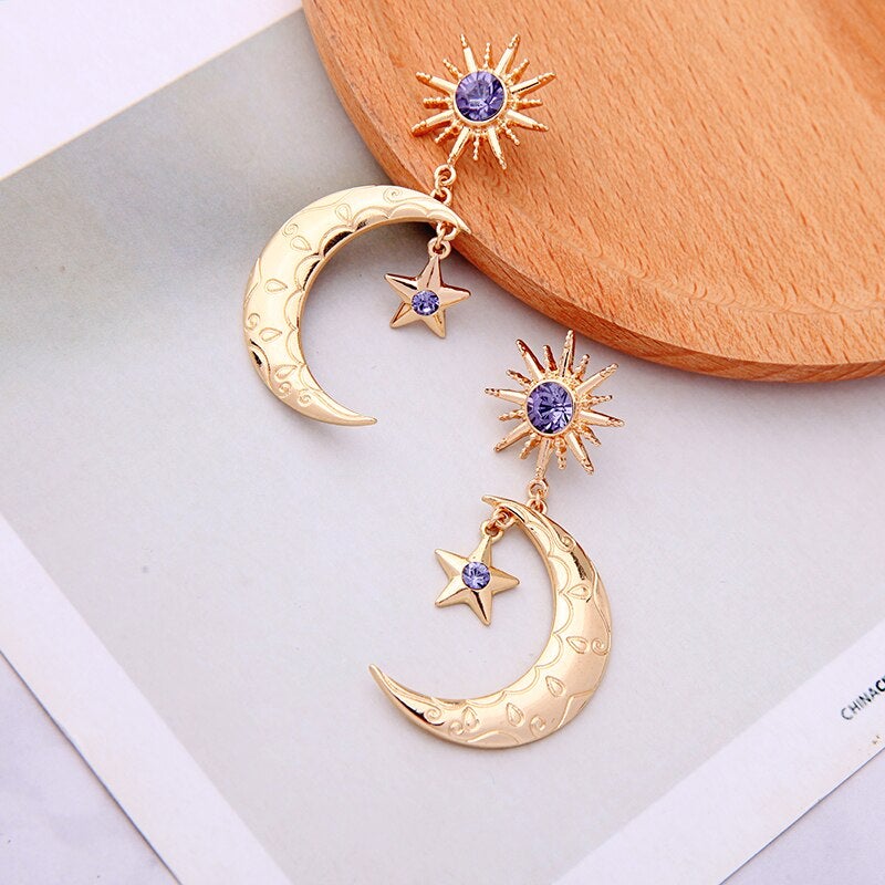 Boucles d'Oreilles Croissant de Lune &amp; Étoile Cristal