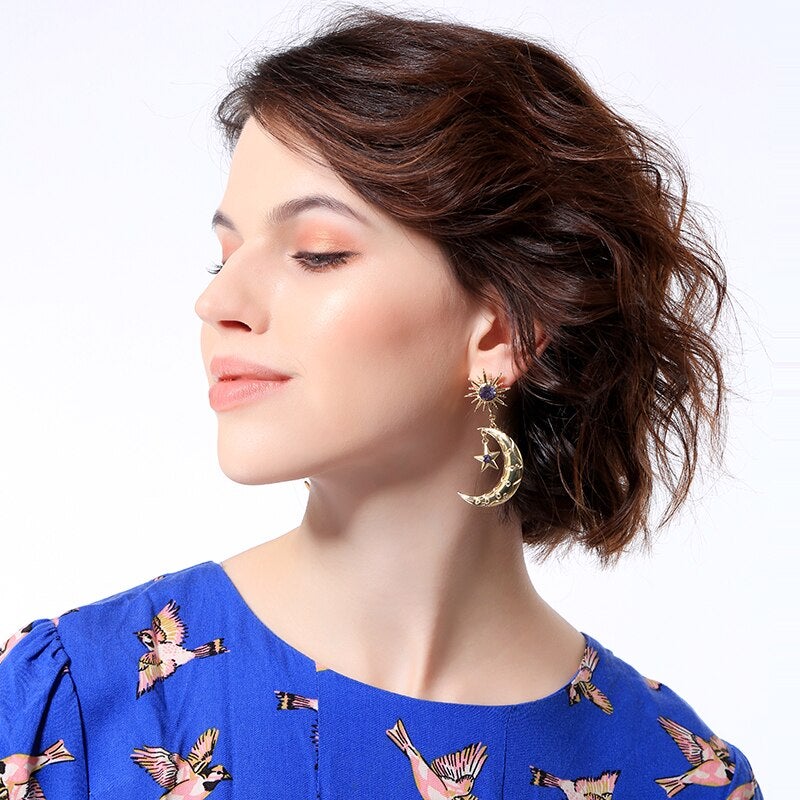 Boucles d'Oreilles Croissant de Lune &amp; Étoile Cristal