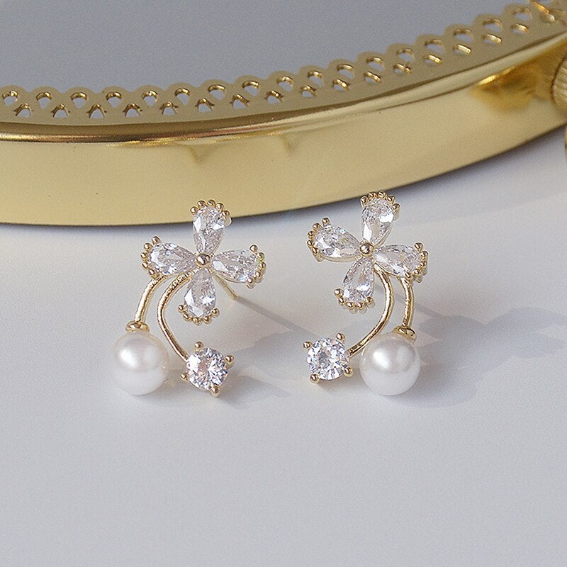 Crystal Flower & Pearl Earrings