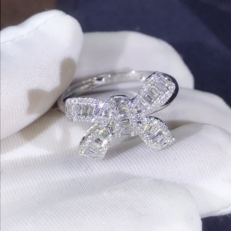 Crystal Silver Bow Ring