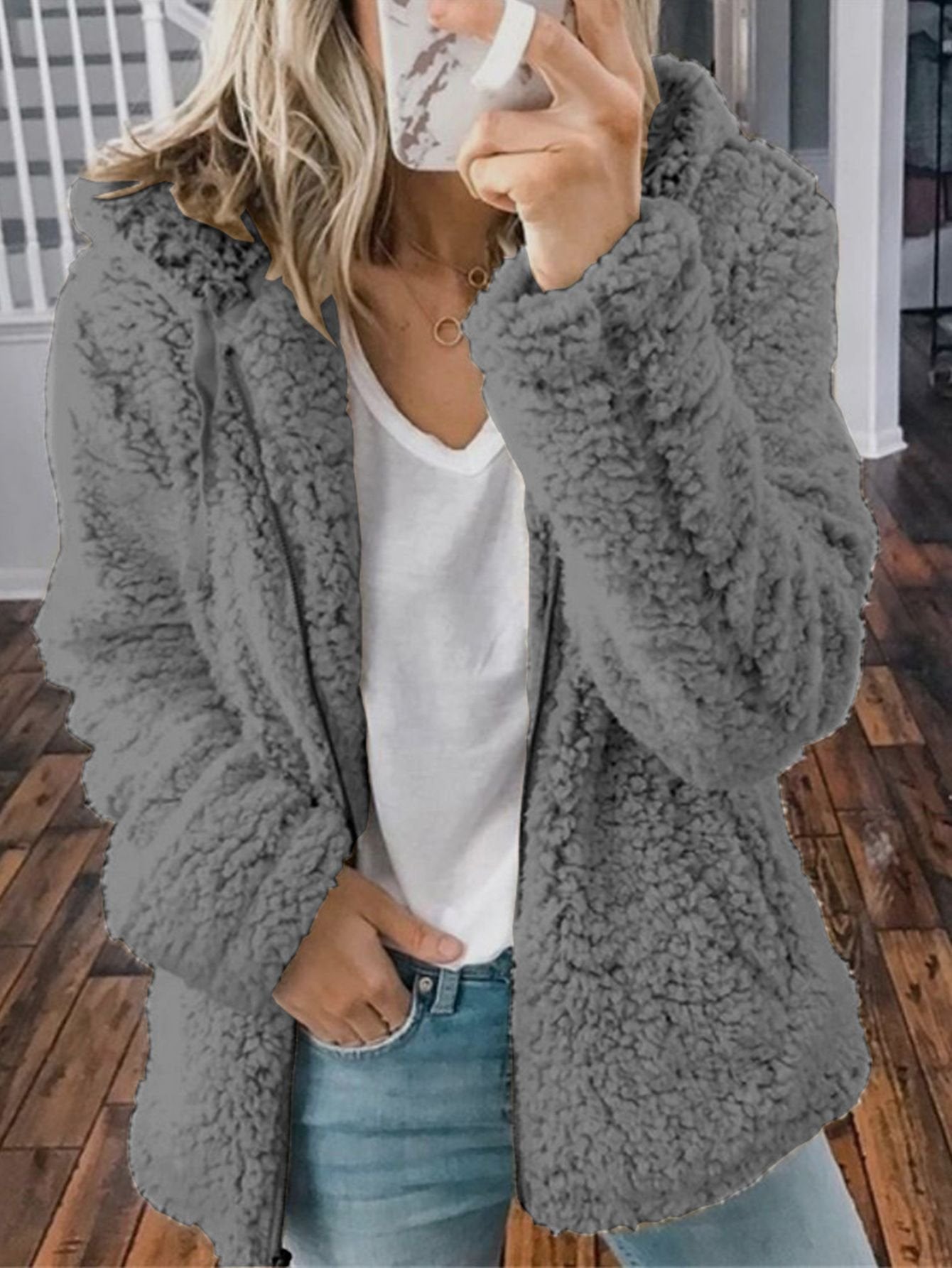 2021 Fashion Zipper Plush Fleece Solid Color Hooded Tops Casual Sweatshirts Coat