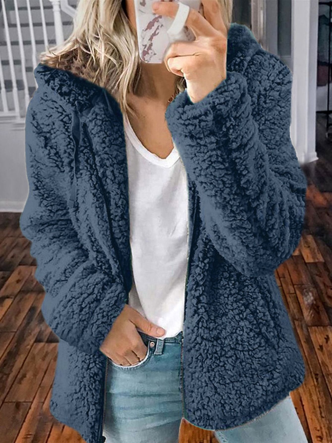 2021 Fashion Zipper Plush Fleece Solid Color Hooded Tops Casual Sweatshirts Coat