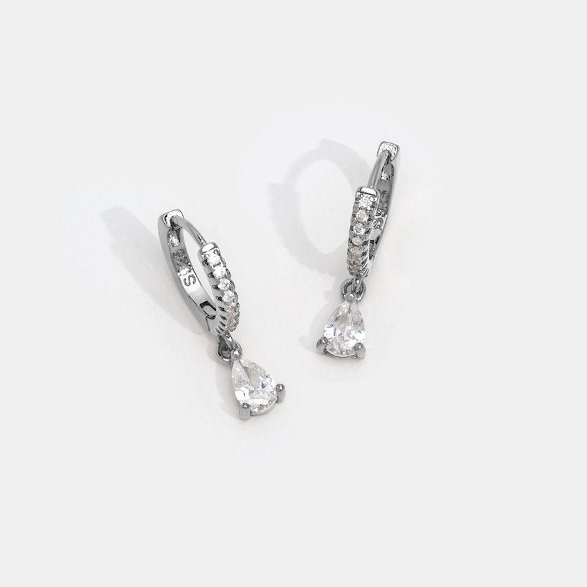 White Ivory Crystal Silver Hoop Earrings